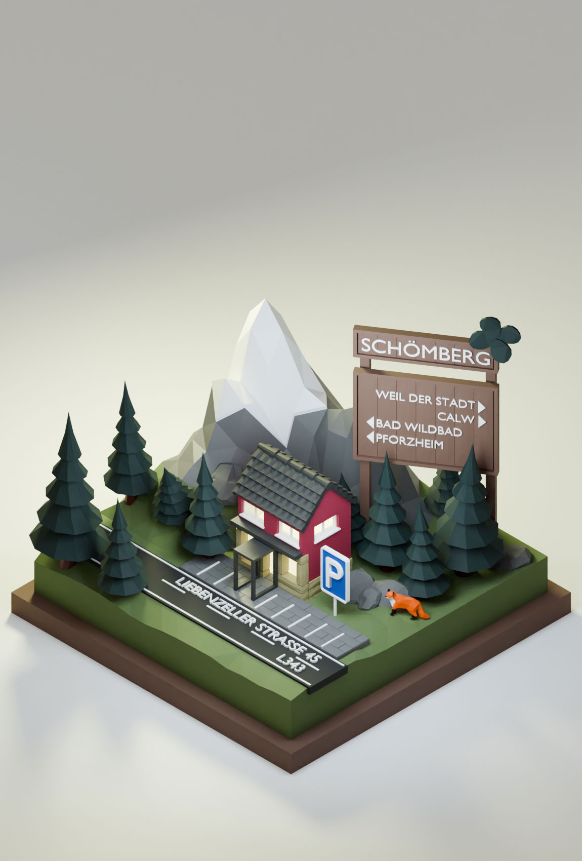 3D-Darstellung als Anfahrtsskizze: Das Bild zeigt eine 3D-Landschaft mit Tannen, dem Praxisgebäude in der Farbe lila. Zudem der Hinweis auf Parkpläte. Die Tagesklinik liegt zwischen Calw, Weil der Stadt, Bad Wildbad und Pforzheim in der Liebenzeller Straße 45 an der L343.